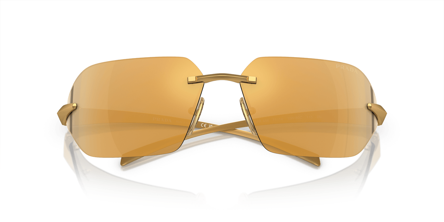 نظارة برادا الشمسية باللون الذهبي الأصفر البني متعدد الطبقات باللون الذهبي العاكس | برادا PR A56S ساتان أصفر ذهبي-بني مرآة متعددة الطبقات ذهبية